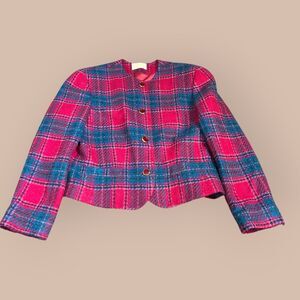 Pendleton Blazer Jacket Womens 14 Pink Teal Plaid Pure Virgin Wool Button Front